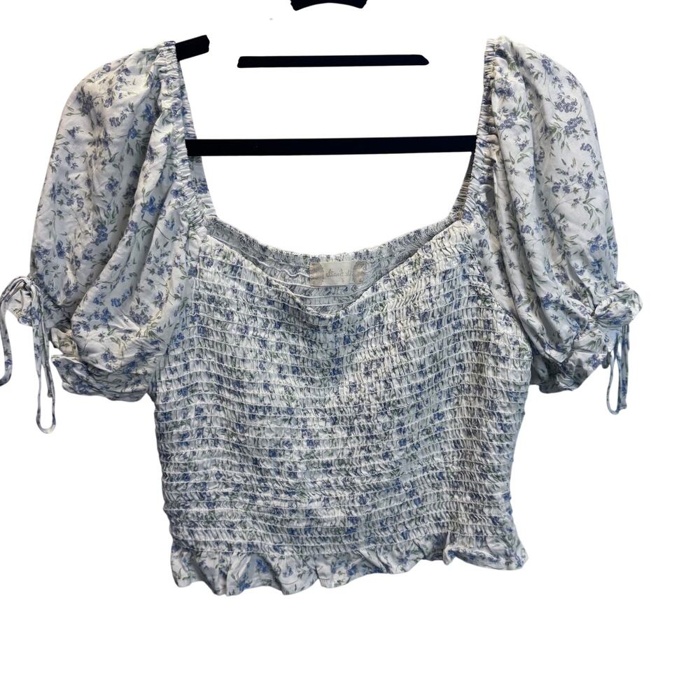 Altar'd State Smocked Crop Top S Blue Ivory Floral Puff Sleeve Square Neck